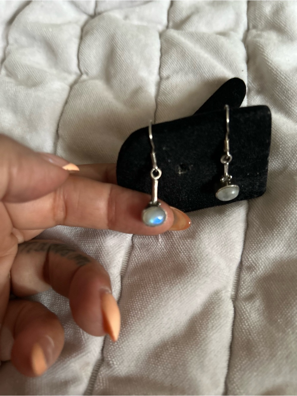 Sterling Silver Moonstone Drop Earrings - Blue-White Iridescent